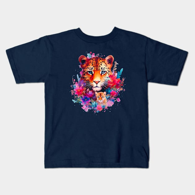 Endangered Amur Leopard and Cub with Floral Aesthetic Kids T-Shirt by Davies Creative Works